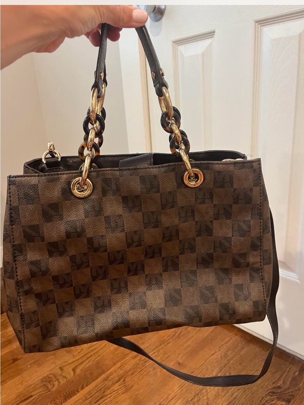 Michael Kors Brown Check Pattern Women’s Tote Bag with Chain Handles